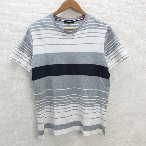 s■ビームス/BEAMS ボーダー柄 鹿の子地 半袖カットソー【L】灰/MENS/88【中古】拍卖