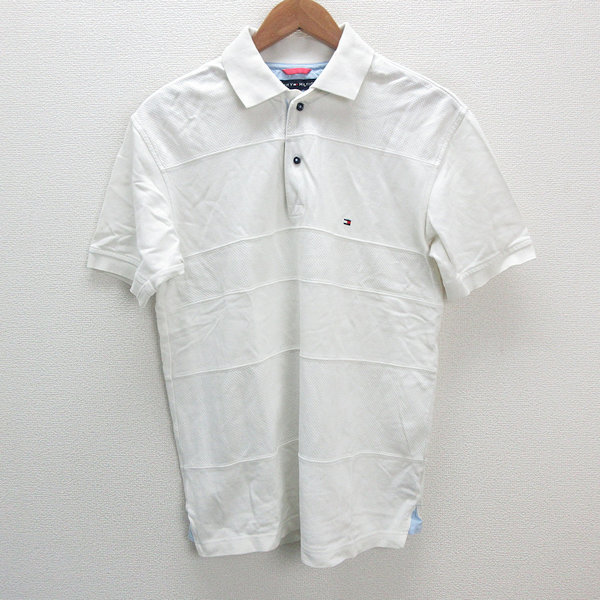 a■トミーヒルフィガー/TOMMY HILFIGER ロゴ刺繍 半袖ポロシャツ【S】白/MENS/71【中古】拍卖
