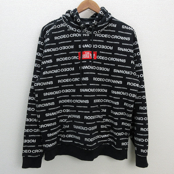 a■ロデオクラウンズ/RCWB 総柄 ロゴ刺繍 プルオーバーパーカ【XL】黒/LADIES/75【中古】拍卖