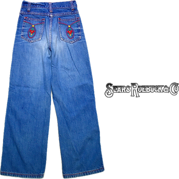 1点物◆ビンテージ70sシアーズSEARS刺繍デニムパンツ古着キッズ7レディースメンズOK90sストリート/スポーツMixブルージーンズ子供服513299拍卖
