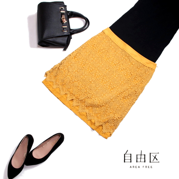 美品 ジユウク 自由区 株)オンワード樫山 ■ 春 夏 きれい色 膝下丈 タイト 刺繍レース フラワーレーススカート 40 L 11号 イエロー 黄色拍卖