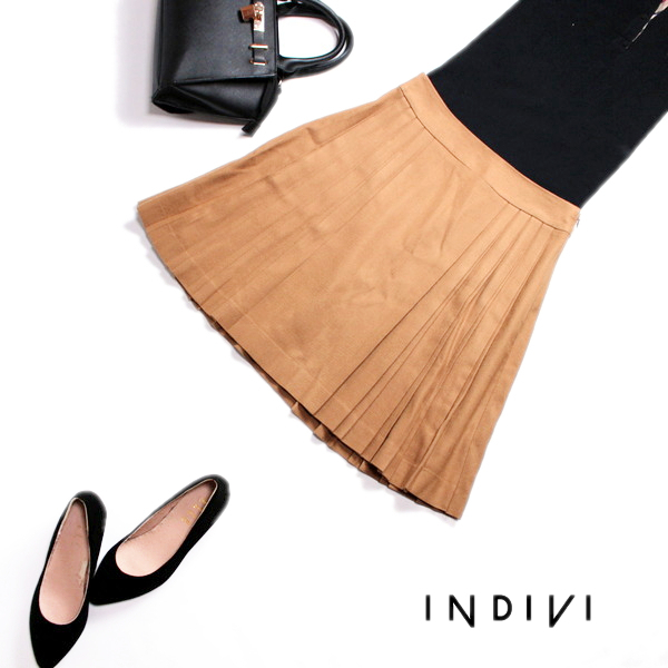 美品 INDIVI インディヴィ 株) ワールド ■ 秋 冬 上品 親子プリーツ 毛95% 綺麗 フレア プリーツスカート 38 9号 イエローベージュ拍卖