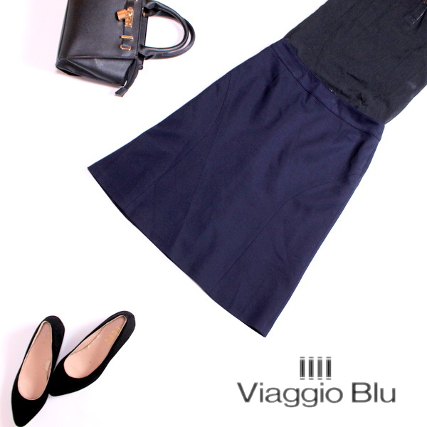 美品 Viaggio Blu ビアッジョブルー ■ 大人綺麗 ほんのり艶 ストレッチ ジャージー素材 膝下丈 タイトスカート 1 ネイビー 紺色 スーツ拍卖