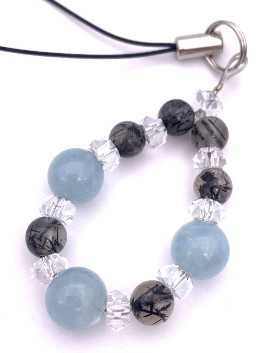 天然石アクアマリン&ブラックルチルクォーツのストラップ拍卖