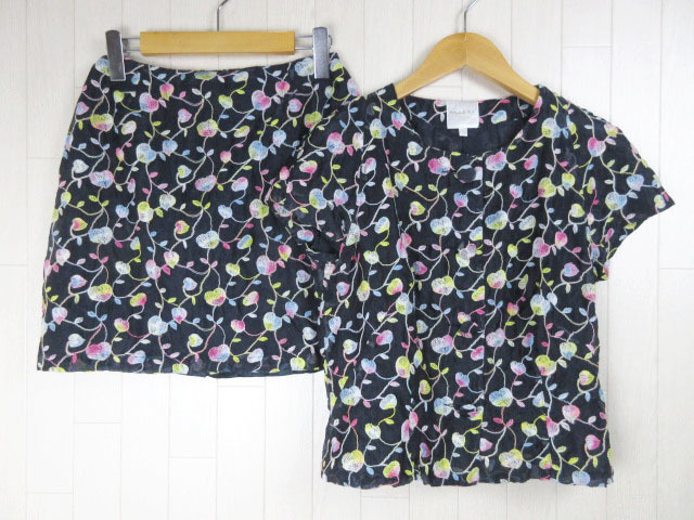 ポールカ PAULE KA セットアップ ブラウス カットソー 半袖 スカート シルク 総柄 刺繍 ネイビー マルチカラー 38 レディース拍卖