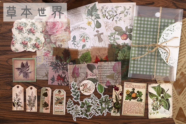 ◆海外 素材紙・シールセット メモ 背景紙 No5-1 草花・植物・自然 おすそ分け・手帳・日記・ジャンクジャーナル・コラージュに拍卖