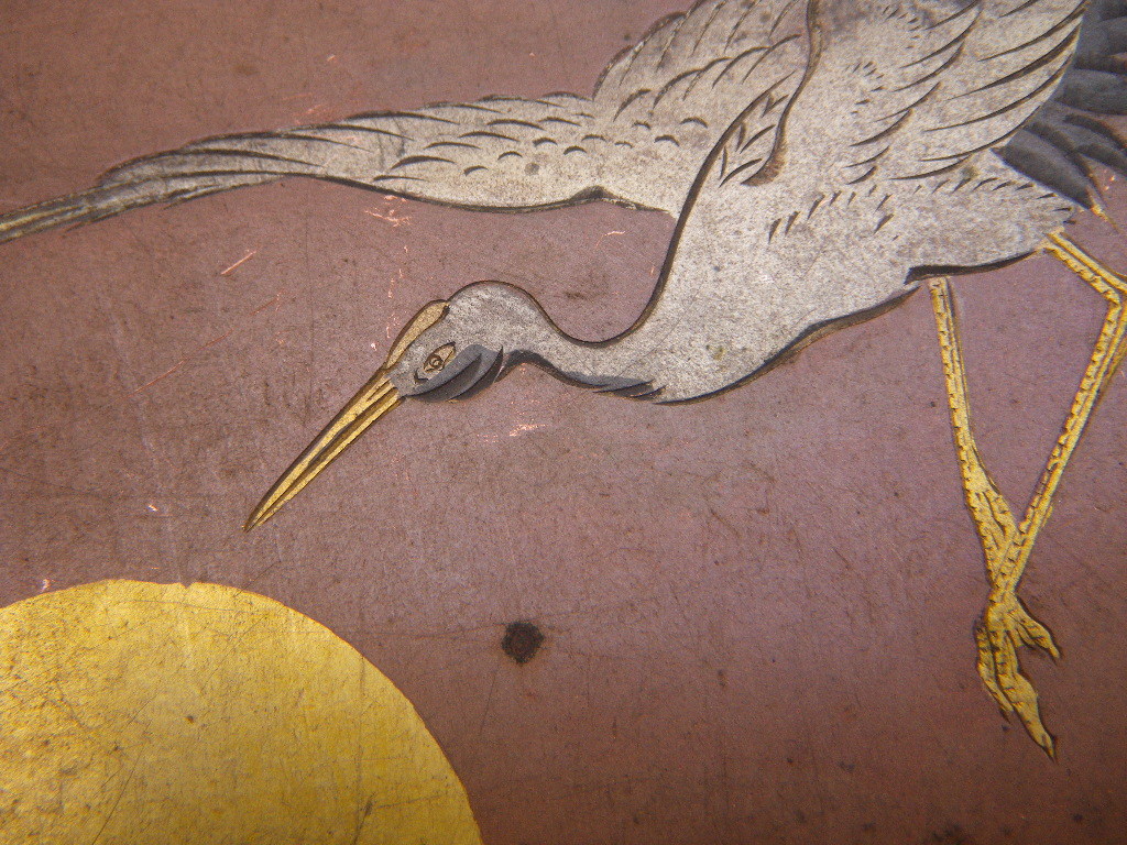 彫刻 金工 夕日 鶴 彫 銅板絵 部材 パーツ 建具 家具 象嵌 骨董 古美術 日本製 Japanese antique 一正 91x67㎜拍卖