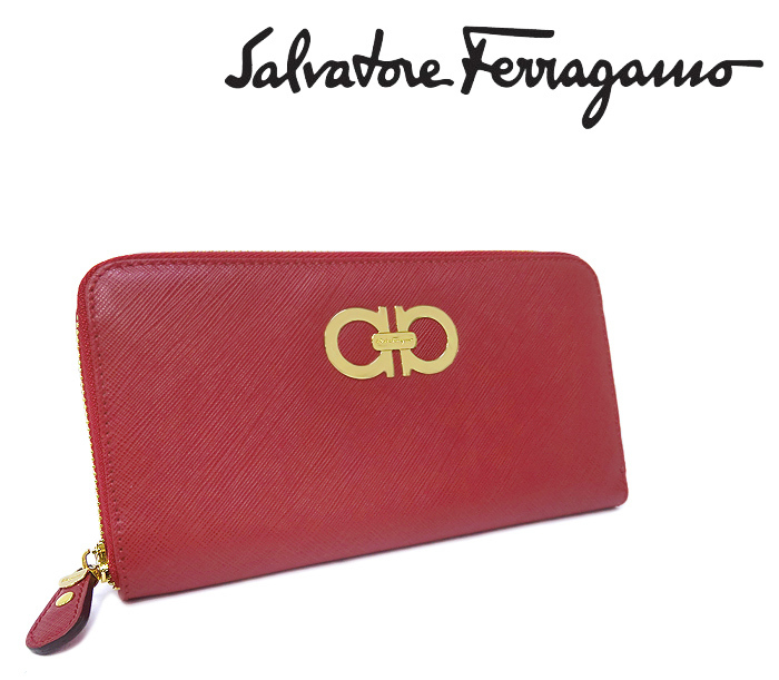【美品】 フェラガモ Ferragamo ラウンドファスナー長財布 サイフ 小物 ガンチーニ レザー 革 レッド ゴールド メンズ レディース 大容量拍卖