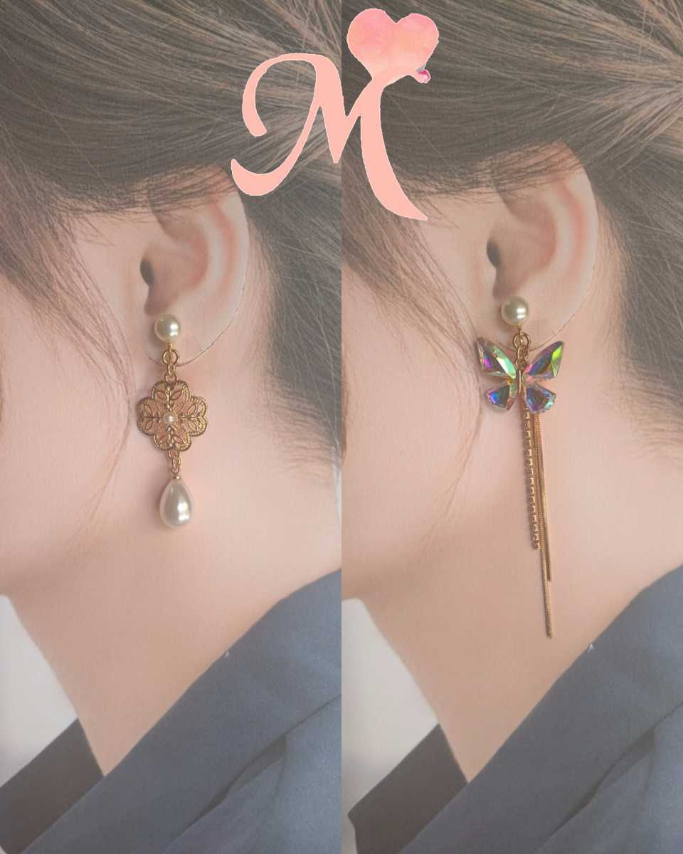 ハンドメイド イヤリング or チタン ピアス パール 蝶々 バタフライ ドレス にも拍卖