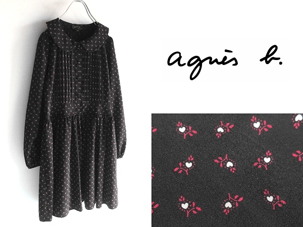 To b. by agnes b. トゥ―ビーバイ アニエスベー ハート/小花柄 ポリエステルシフォン ピンタック 丸襟 ワンピース ドレス 36 黒 ブラック拍卖