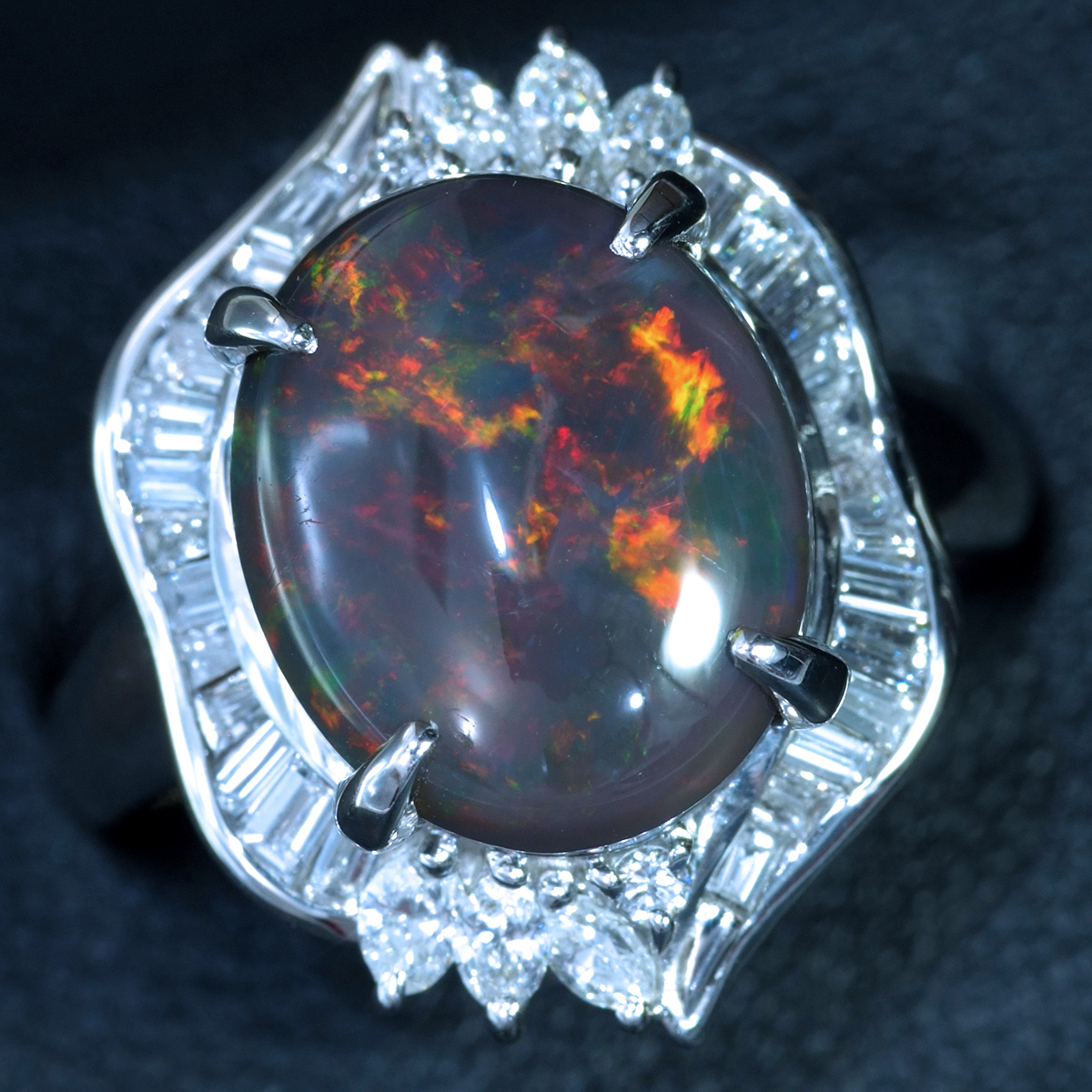 E9816 美しい大粒ブラックオパール5.50ct 天然上質ダイヤモンド0.85ct 最高級Pt900無垢リング 拍卖