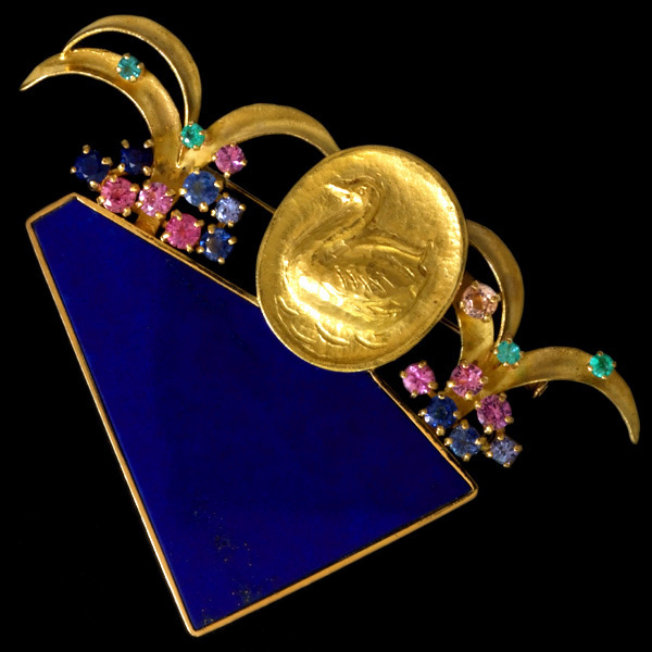 A3596【山田禮子】ラピスラズリ マルチ 最高級18金無垢ブローチ・ペンダントトップ 新品 重さ20.0g 幅66.3×48.6mm拍卖