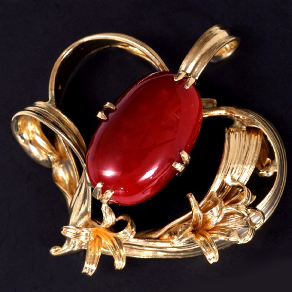 D0208 美しい血赤珊瑚19.3X12.3mm 最高級18金無垢トップ 重さ15.2g 幅40.0×38.7mm 拍卖