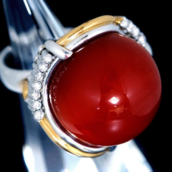 C7105 美しい血赤珊瑚21mm 美しい天然ダイヤモンド0.30ct 最高級Pt900/18金無垢セレブリティリング 新品拍卖