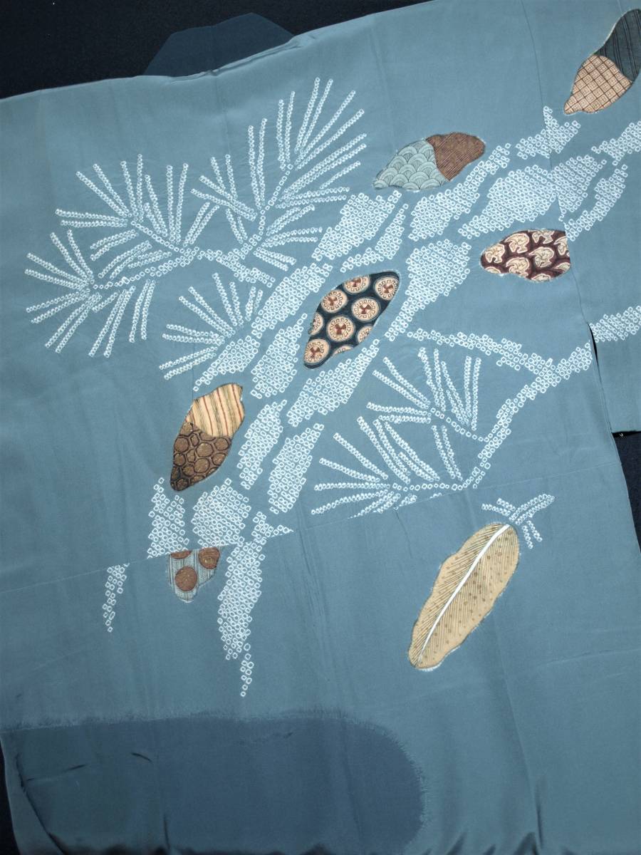 花とら●リサイクル長襦袢 Men‘s 男物 絞り 松 鷹の羽 リメイク 素材 灰青地 13 220308拍卖