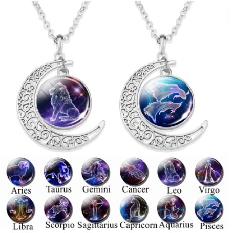 【かに座】12星座三日月ネックレス星座ガラスファッションジュエリーペンダント牡羊座双子座癌レオ女性誕生日ギフト拍卖