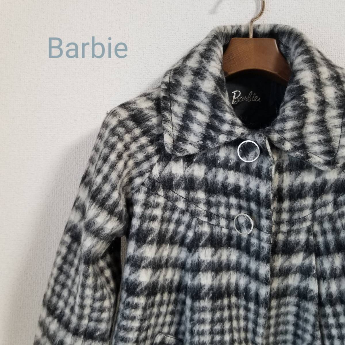 Barbie バービー ジャケット アウター チェック柄 厚手 長袖 ボタン ポケット レディース ブラックホワイト サイズS m431拍卖