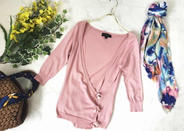 d679★ ジルスチュアート JILL STUART マットピンク♪ リボン付 カシュクール カーディガン レディース トップス プルオーバー拍卖