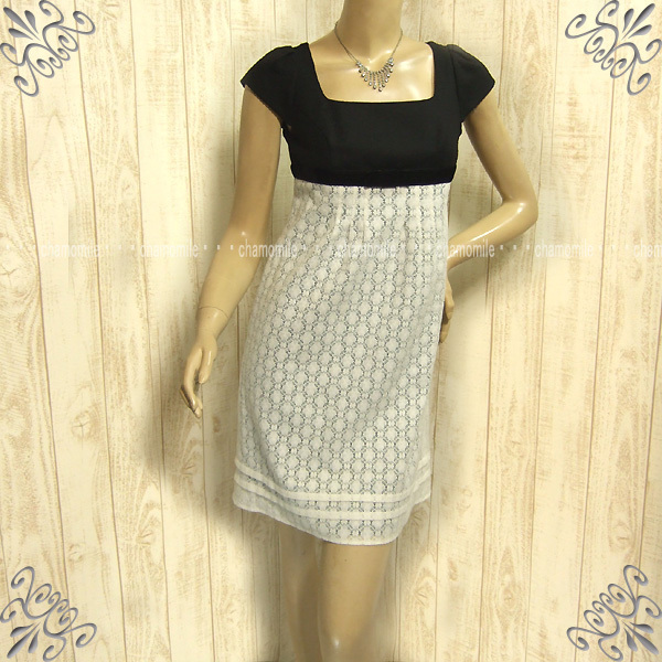 美品 Apuweiser-riche★アプワイザー・リッシェ★サイズ2 リボンモチーフ付 ドッキングワンピース 黒/オフホワイト 定番活用 重ね着 ワンピ拍卖