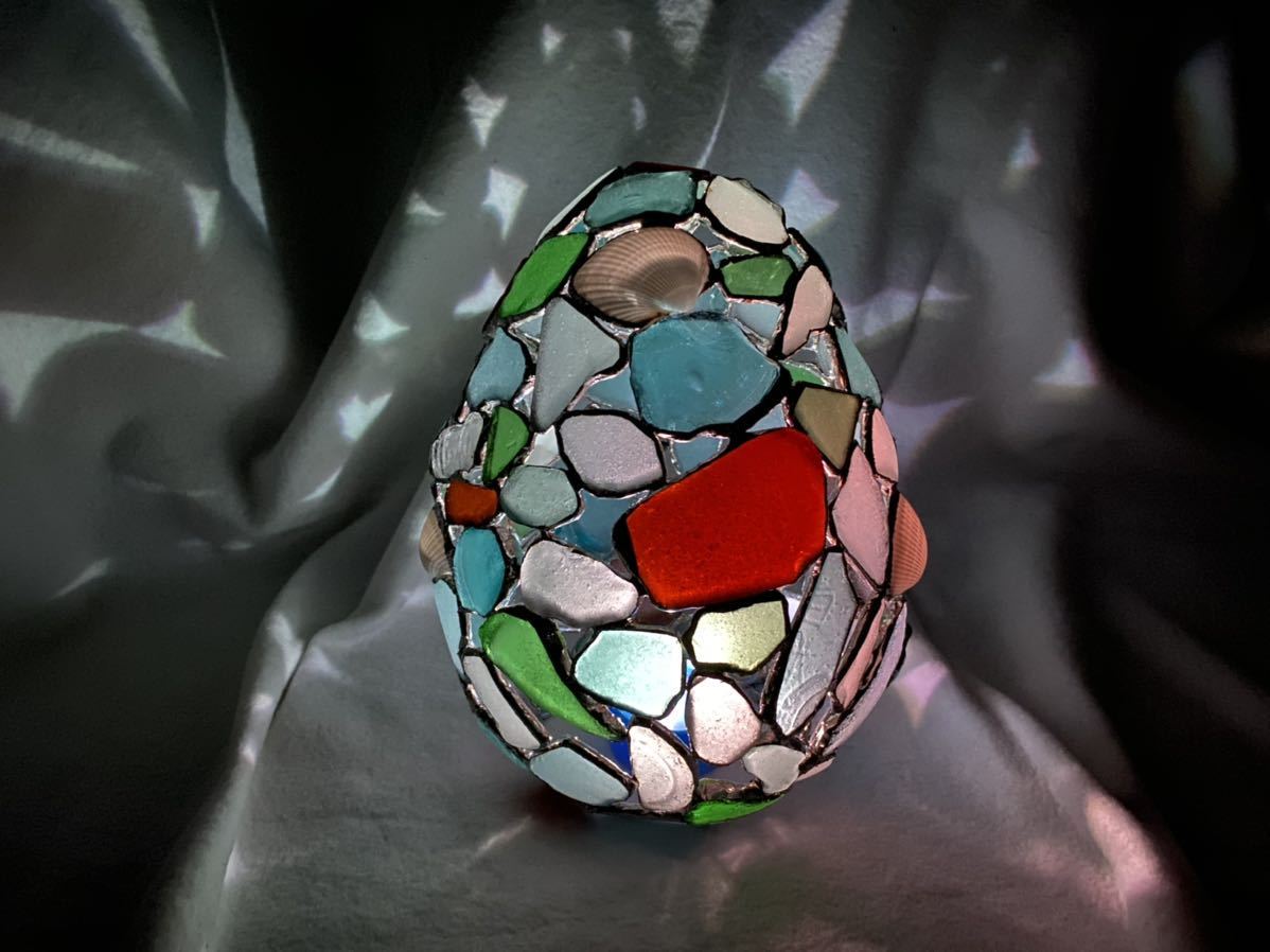 ビーチグラス シェル ステンドグラス風キャンドルカバー ツリー シーグラス 瀬戸内海 シーグラスアート たまご型拍卖