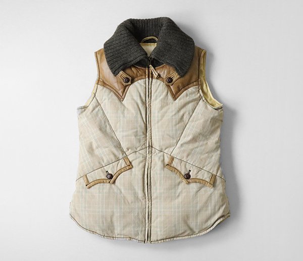 ☆オールド LEVIS REDLOOP ◆02年製 中綿 レザー切替 ベスト ベージュ×ブラウン M チェック柄 ヨーク リーバイス レッドループ ◆K2F拍卖