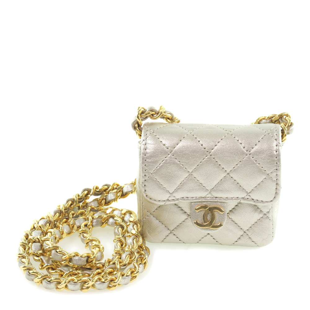 CHANEL シャネル チェーンポシェット マイクロ マトラッセ ショルダーバッグ カーフ シルバー レディース【59140330】中古拍卖