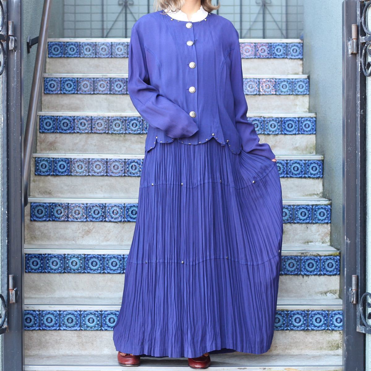 USA VINTAGE COIN BUTTON LAYARD DESIGN LONG ONE PIECE/アメリカ古着コインボタンレイヤードデザインロングワンピース拍卖