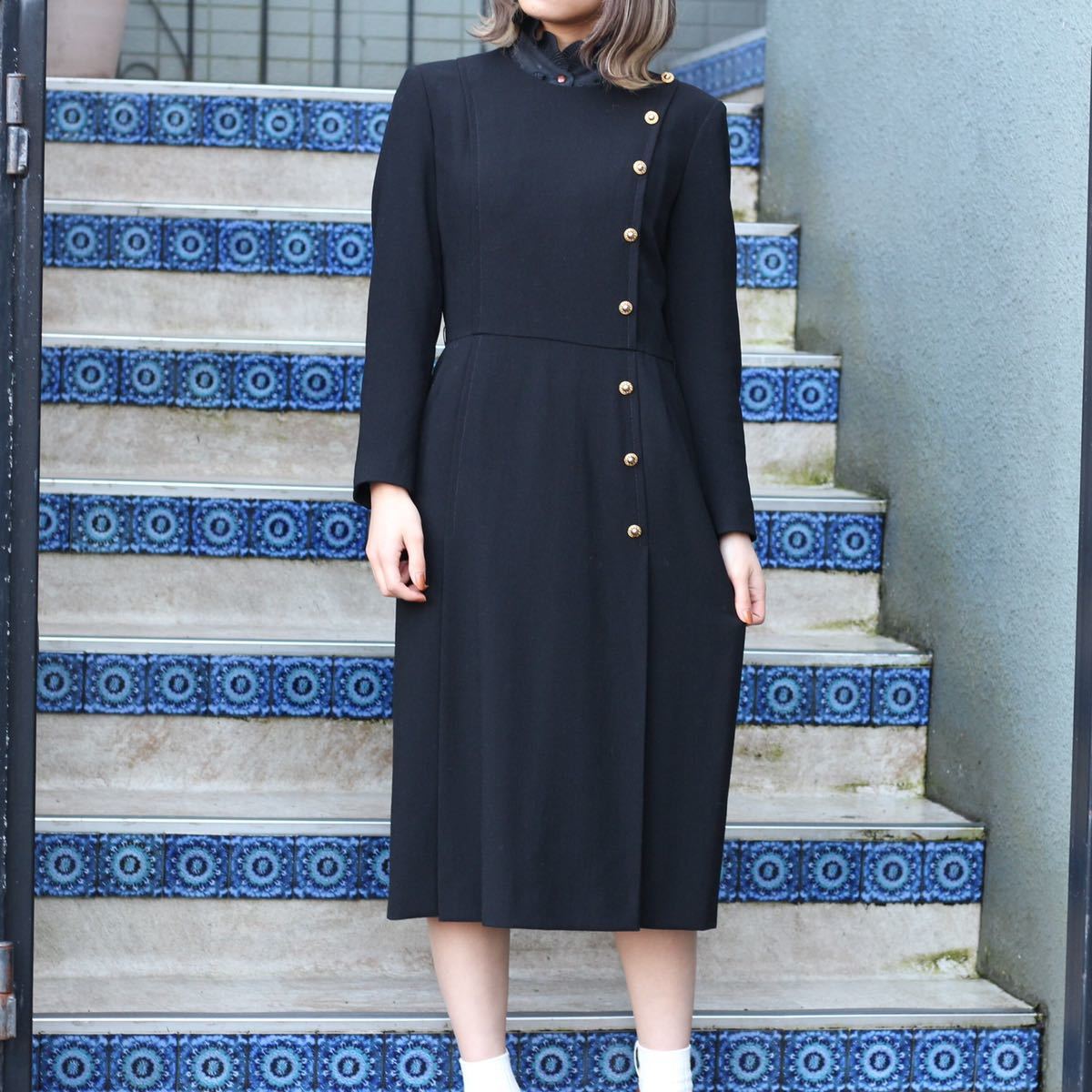 RETRO VINTAGE TAKEO NISHIDA SIDE BUTTON LONG SLEEVE ONE PIECE/レトロ古着タケオニシダサイドボタン長袖ワンピース拍卖