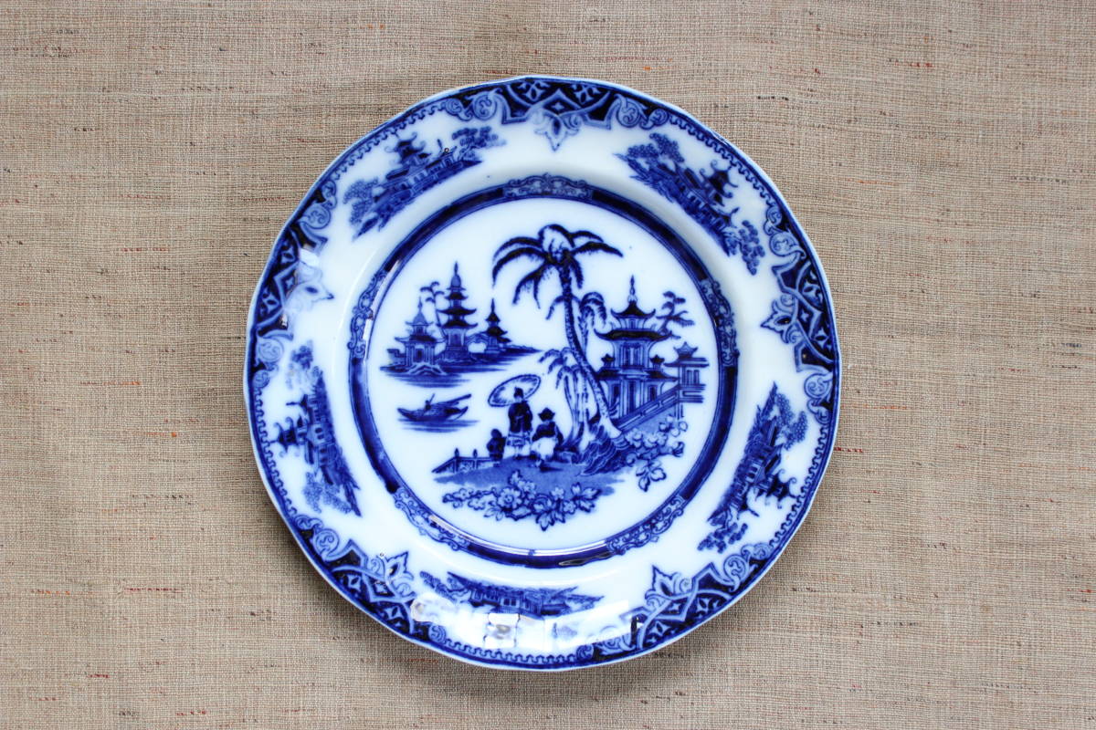 希少 19世紀 プリントウェア藍絵東洋風景図 オランダ にじみ手 銅版 転写 民藝 骨董 ウィーローパターン 印判 アンティーク 西洋 アート拍卖