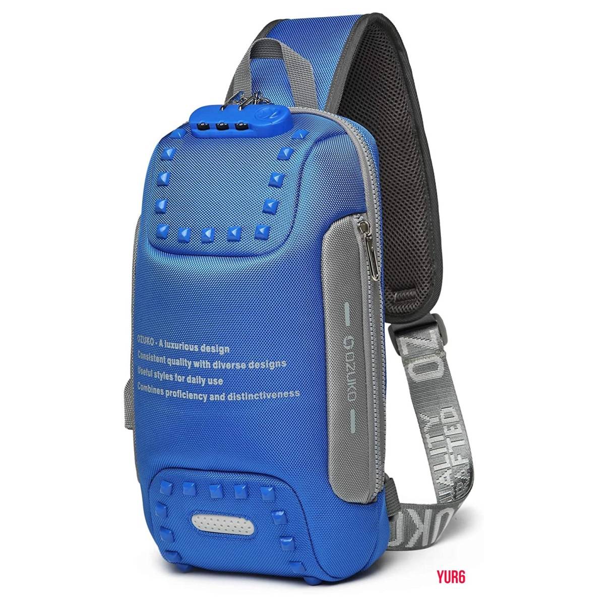 ブルー 多機能 ボディバッグ 防水性 耐摩耗性 防犯ロック USBポート 大容量 スタイリッシュ お洒落 耐久性 普段使い 買い物 アウトドア 拍卖