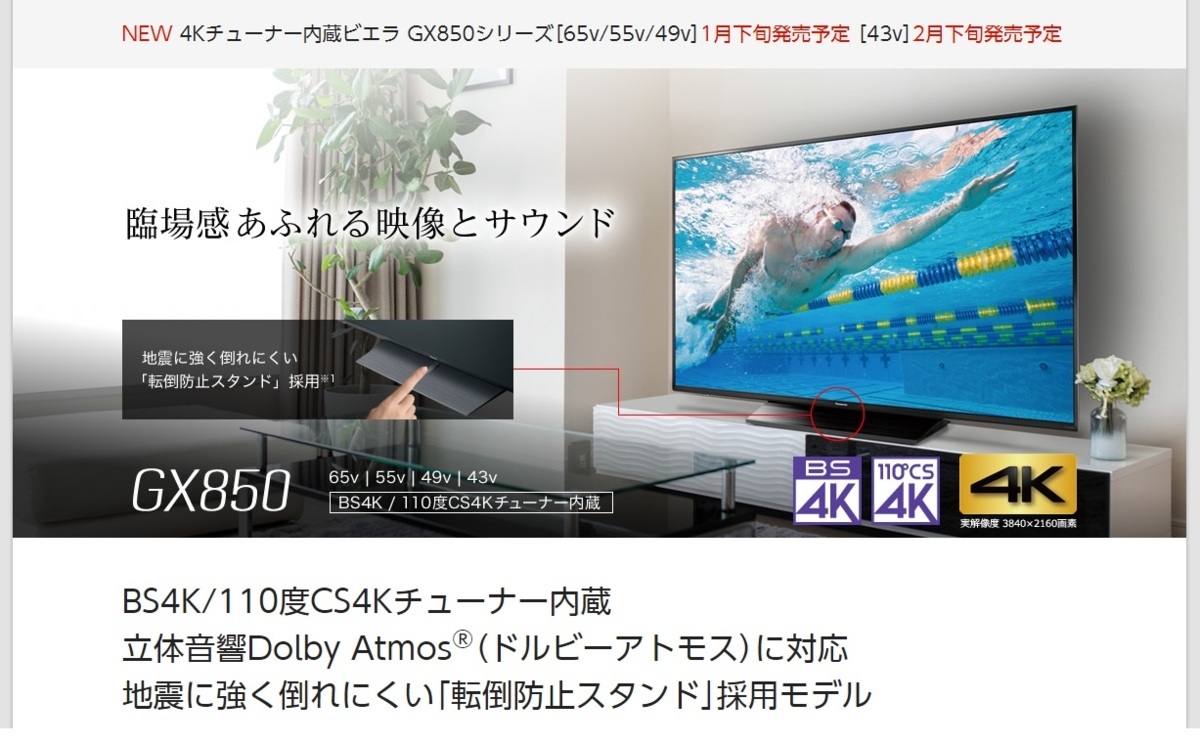 パナソニック 43V型液晶テレビ 4Kチューナー内蔵 TH-43GX850 無線接続/Dolby Atmos/ブラウザ機能/VOD搭載/2画面分割 引取可拍卖