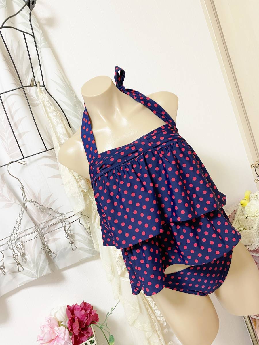 ●レディス水着 11L●関西ファッション連合◆ホルターネックタンキニ水着:濃紺ネイビー*赤丸ドット拍卖