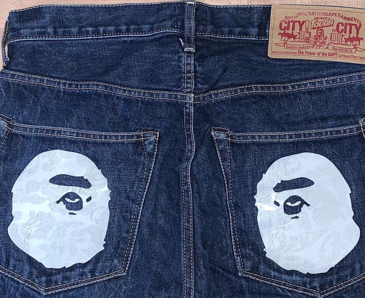 ★激レア★ APE バック 猿顔 猿迷彩 プリント デニム パンツ S シャーク拍卖