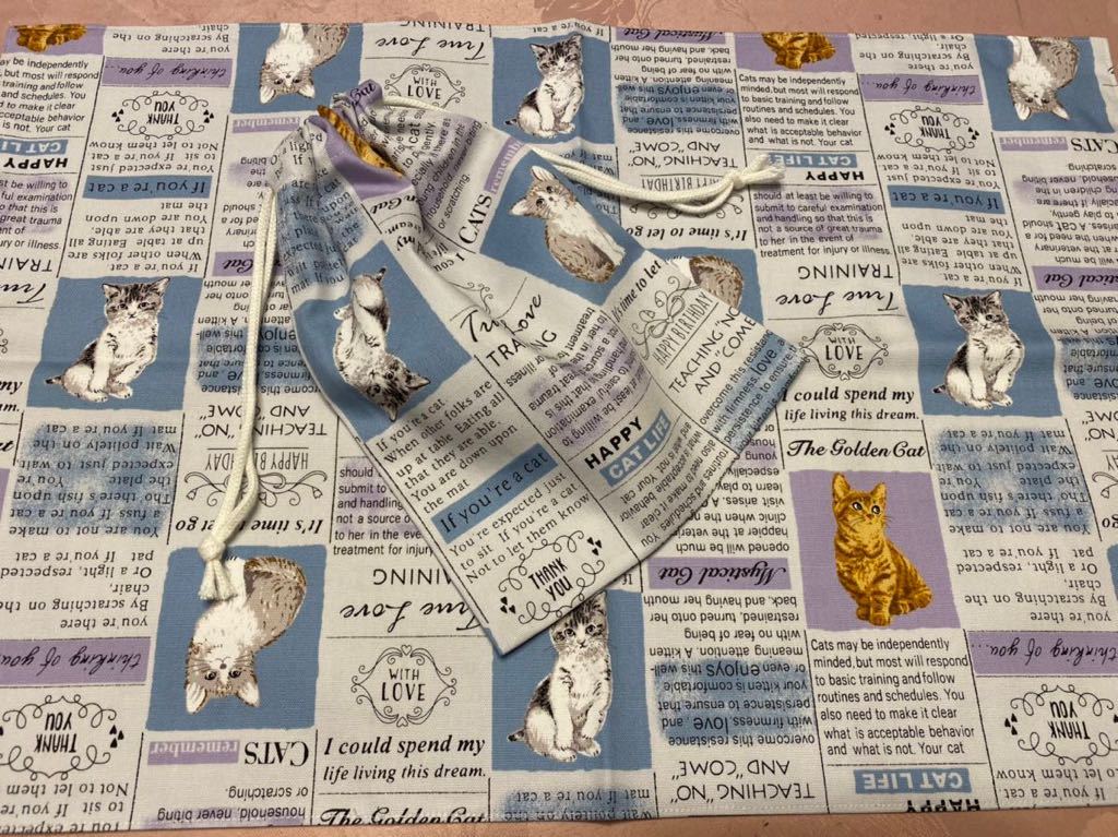 No.177 大判裏付ランチョンマット&巾着 ハンドメイド 40x60 ネコ柄拍卖