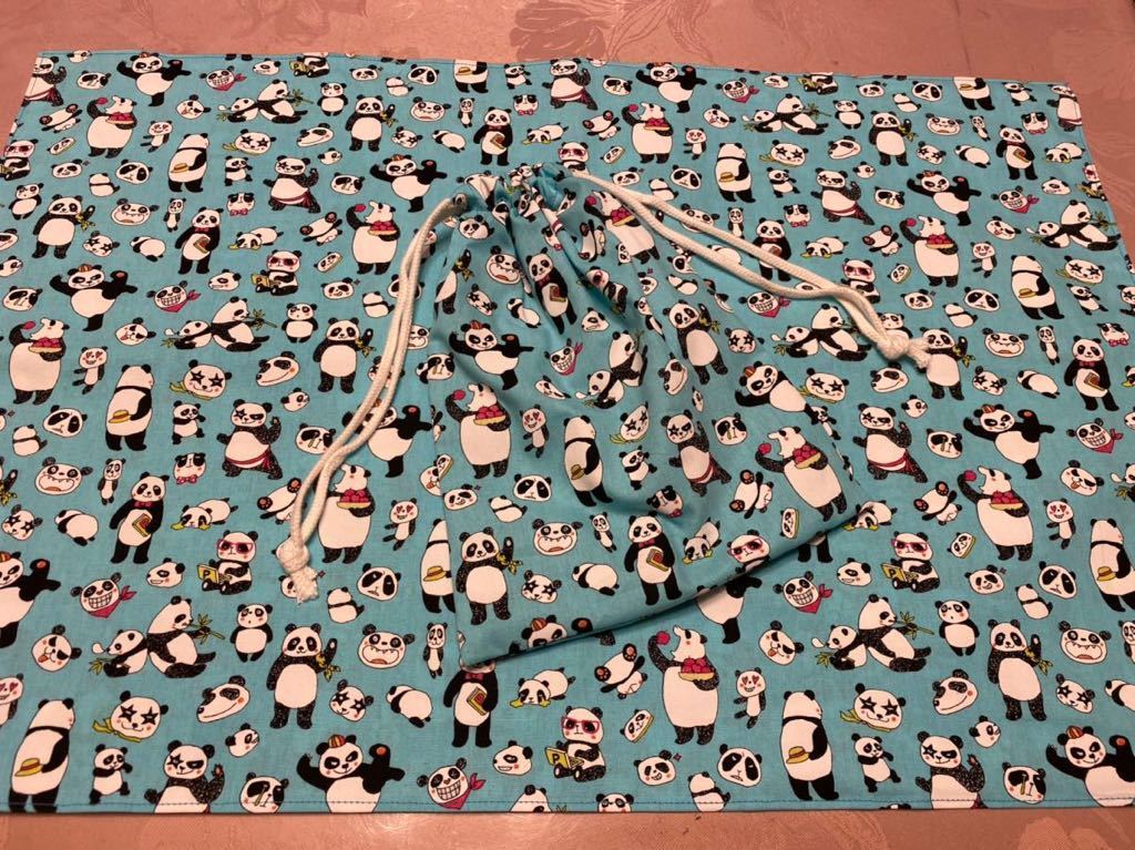 No.148 大判裏付ランチョンマット&巾着 ハンドメイド 40x60 パンダ柄拍卖