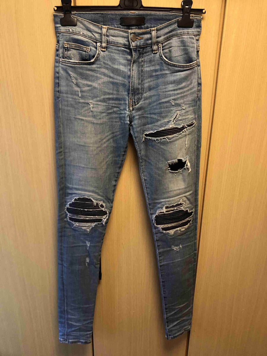 国内正規 18AW AMIRI MX1 アミリ レザーパッチ 蛇腹 バイカー クラッシュ ダメージ加工 ストレッチ スキニー デニム インディゴ 29拍卖