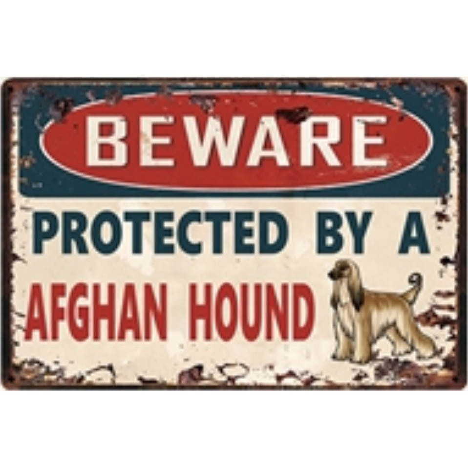 A2799 メタル サイン 金属 製 ブリキ 看板 プレート 店 BEWARE 注意 危険 防犯 動物 ペット 猛 犬 アフガンハウンド 4650拍卖