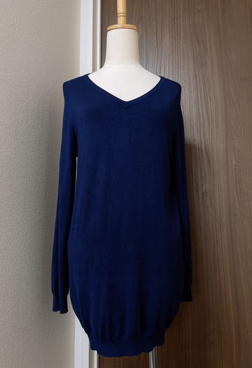 即決★チェリーポップ Cherry Pop ニット カットソー 長袖 Vネック Mサイズ 美品 紺色 ネイビー レディースロング丈 プルオーバーニット拍卖