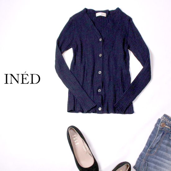 ☆☆ 美品 (株)フランドル INED イネド ☆☆ 綺麗め細身 リブストレッチ レーヨンニット カーディガン 9号 M 春 合物 22D01拍卖