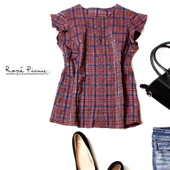 ☆☆ 美品 Rope Picnic ロペピクニック ☆☆ 可愛い格子刺繍 フリル袖 コットン ブラウス 38号 M 春 夏 21C06拍卖