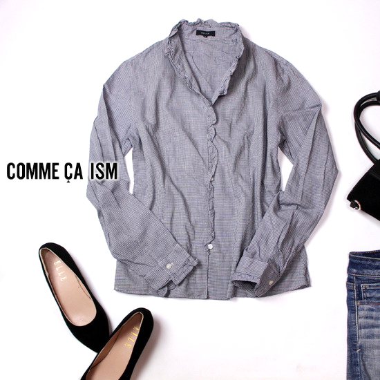 ☆☆ 美品 COMME CA ISM コムサイズム ☆☆ 可愛いフリル 千鳥柄 コットンシャツ L 春 秋 合物 21A09拍卖