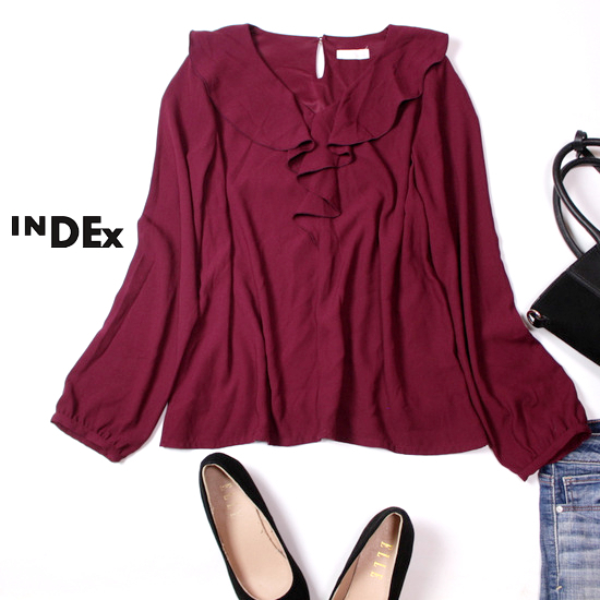 ☆☆ 美品 (株)ワールド INDEX インデックス ☆☆ 綺麗めフリル ジョーゼット生地 カットソー M 春 秋 合物 21A09拍卖