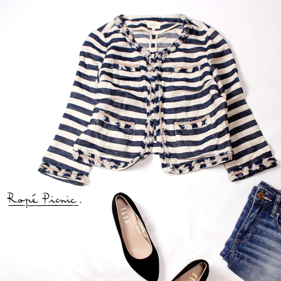 ☆☆ 美品 Rope Picnic ロペピクニック ☆☆ 可愛いボーダー柄 リネン 春 夏 ジャケット 38号 22B02拍卖