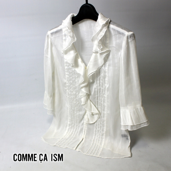 美品 COMME CA ISM コムサイズム 綺麗め 同色艶ストライプ シフォン 春 夏 フリル ブラウス M 20A06拍卖