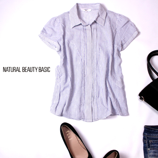 ☆☆ 美品 NATURAL BEAUTY BASIC ナチュラルビューティーベーシック ☆☆ 大人可愛い ストライプ柄 コットンシャツ S 春 夏 21C08拍卖