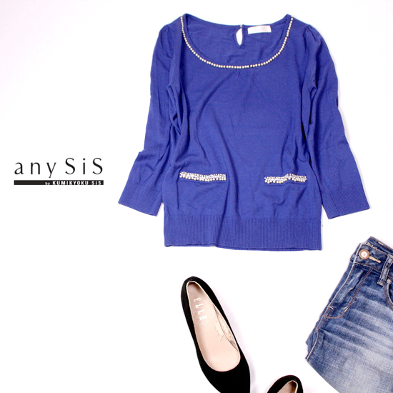 ☆ 美品 オンワード樫山 anySiS エニィスィス ☆ 上品綺麗め パールビーズ付き レーヨンストレッチ ニットプルオーバー 2号 春 夏 22A02拍卖