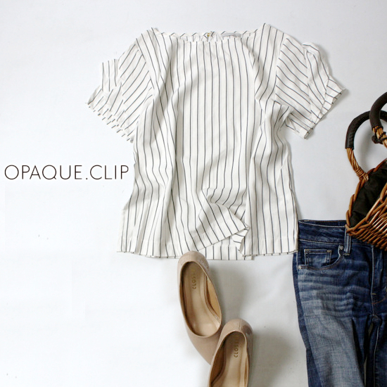 美品 (株)ワールド OPAQUE.CLIP オぺークドットクリップ 可愛い フリルスリーブ レーヨン ストライプ カットソー M 夏 20D07拍卖