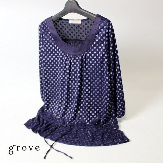 美品 (株) ワールド grove グローブ 可愛い フロッキードット柄 春 秋 ストレッチ カットソー M 20C04拍卖