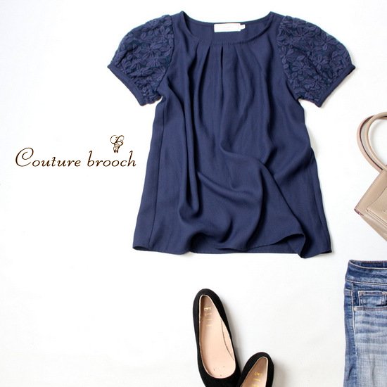 ☆☆ 美品 Couture Brooch クチュールブローチ ☆☆ 可愛い チュール・刺繍入り スーツ生地 切り替えカットソー 36号 S 春 夏 NATU1拍卖