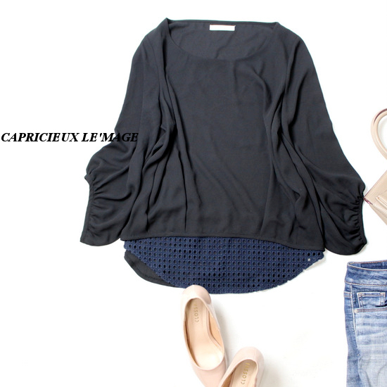 ☆☆ 美品 CAPRICIEUX LE'MAGE カプリシュレマージュ ☆☆ ゆったり綺麗め とろみジョーゼット生地 レース ドッキングカットソー 38号 M 春拍卖